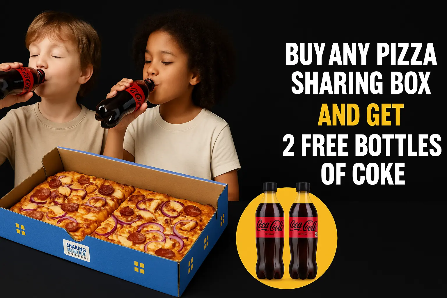Free Pizza Sharing Box with Two Cokes on Just Eat or Uber Eats. Enjoy delicious food and refreshing drinks this bank holiday!