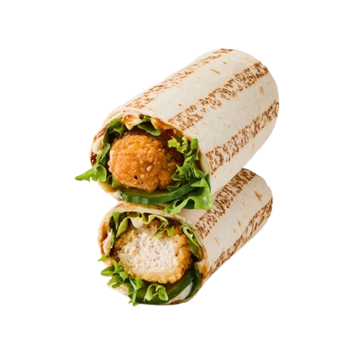 Korean Chicken Wrap filled with tender spicy chicken, fresh lettuce, crunchy slaw, and a drizzle of Korean-style sauce, all wrapped in a soft tortilla