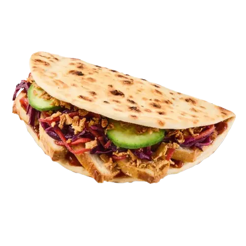 Warm Korean flatbread filled with savoury chicken, spicy gochujang sauce, fresh vegetables, and creamy mayo, folded and grilled to perfection.