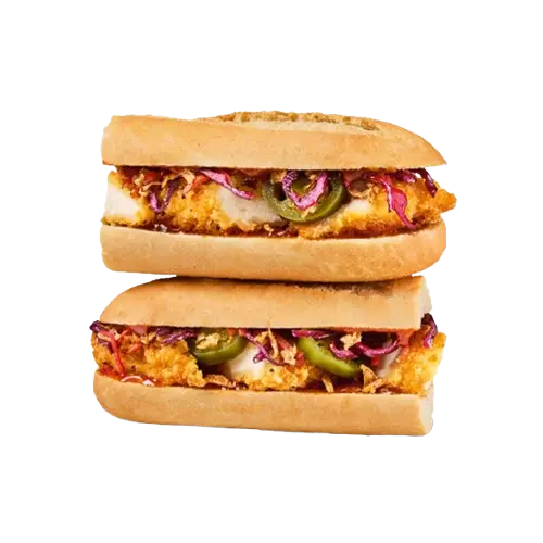 Spicy Korean BBQ Chicken Baguette filled with tender grilled chicken, Korean BBQ sauce, fresh lettuce, and crunchy vegetables in a crispy baguette roll.