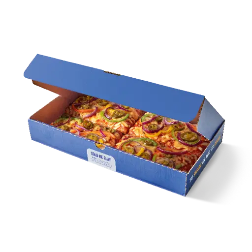 Greggs 4 Slice Spicy Veg Pizza Box with a golden crispy crust, topped with peppers, onions, and melted cheese in a spicy tomato sauce.