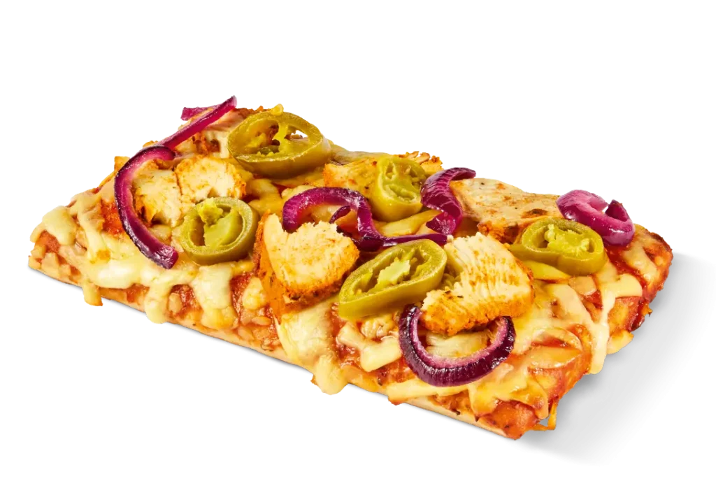 Greggs Spicy Chicken Pizza slice with melted mozzarella, spicy chicken pieces, and rich tomato BBQ sauce on a soft pizza base