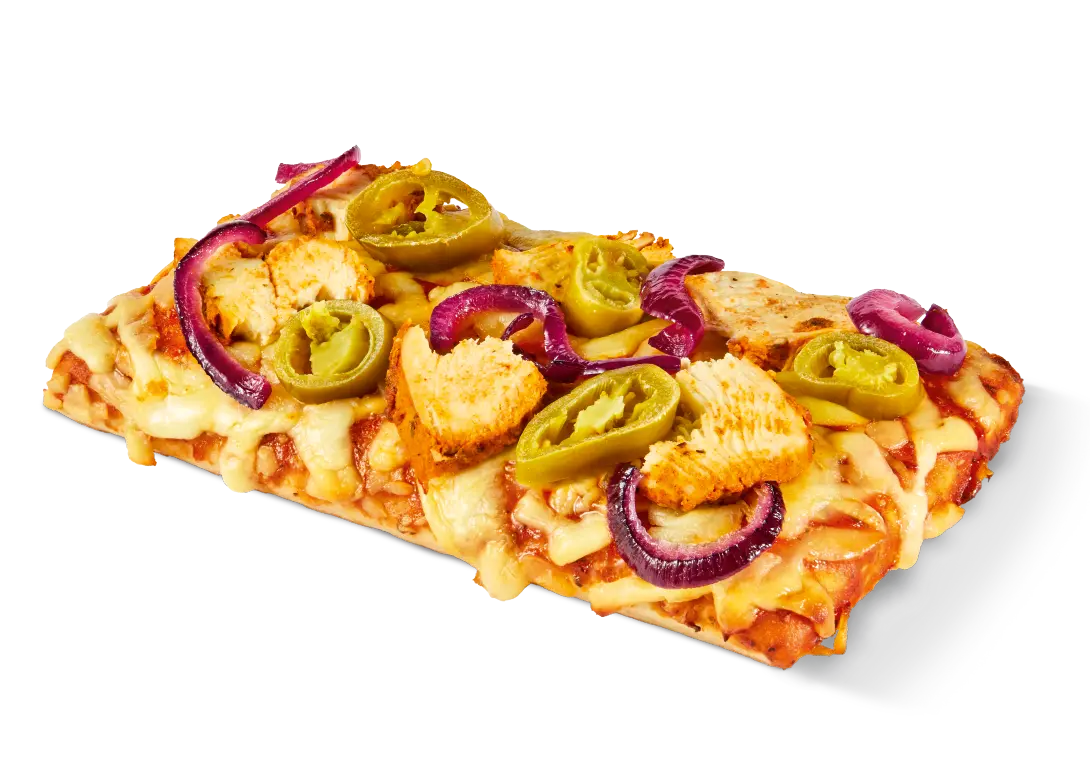 Greggs Menu And Updated Prices In UK 2025 137 Greggs Spicy Chicken Pizza slice with melted mozzarella, spicy chicken pieces, and rich tomato BBQ sauce on a soft pizza base