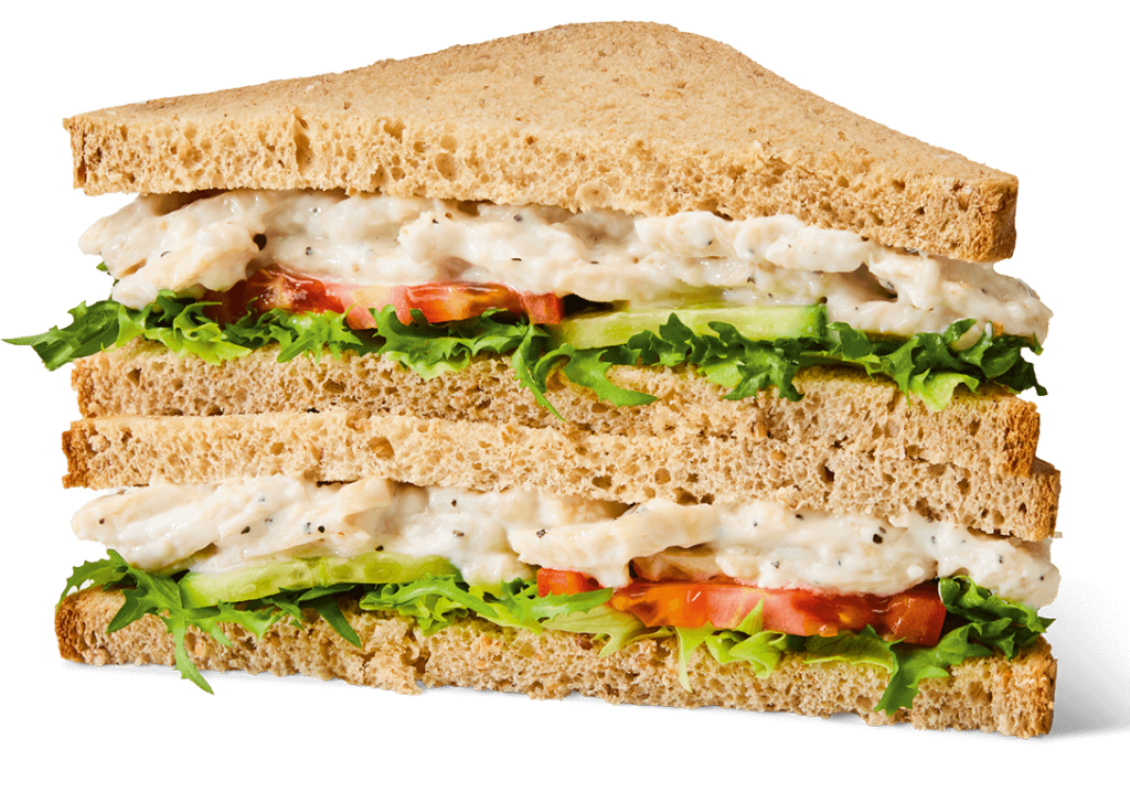 Greggs Menu And Updated Prices In UK 2025 154 Greggs Roast Chicken Salad Sandwich with tender roast chicken breast, crisp lettuce, tomato slices, and mayonnaise in soft wholemeal bread