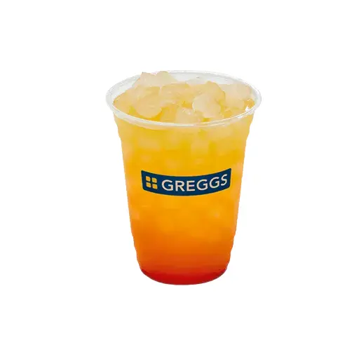 Greggs Menu And Updated Prices In UK 2025 61 A colorful mango and strawberry cooler layered in bright yellow and pink, filled with ice and topped with fresh fruit pieces for a vibrant, refreshing look.