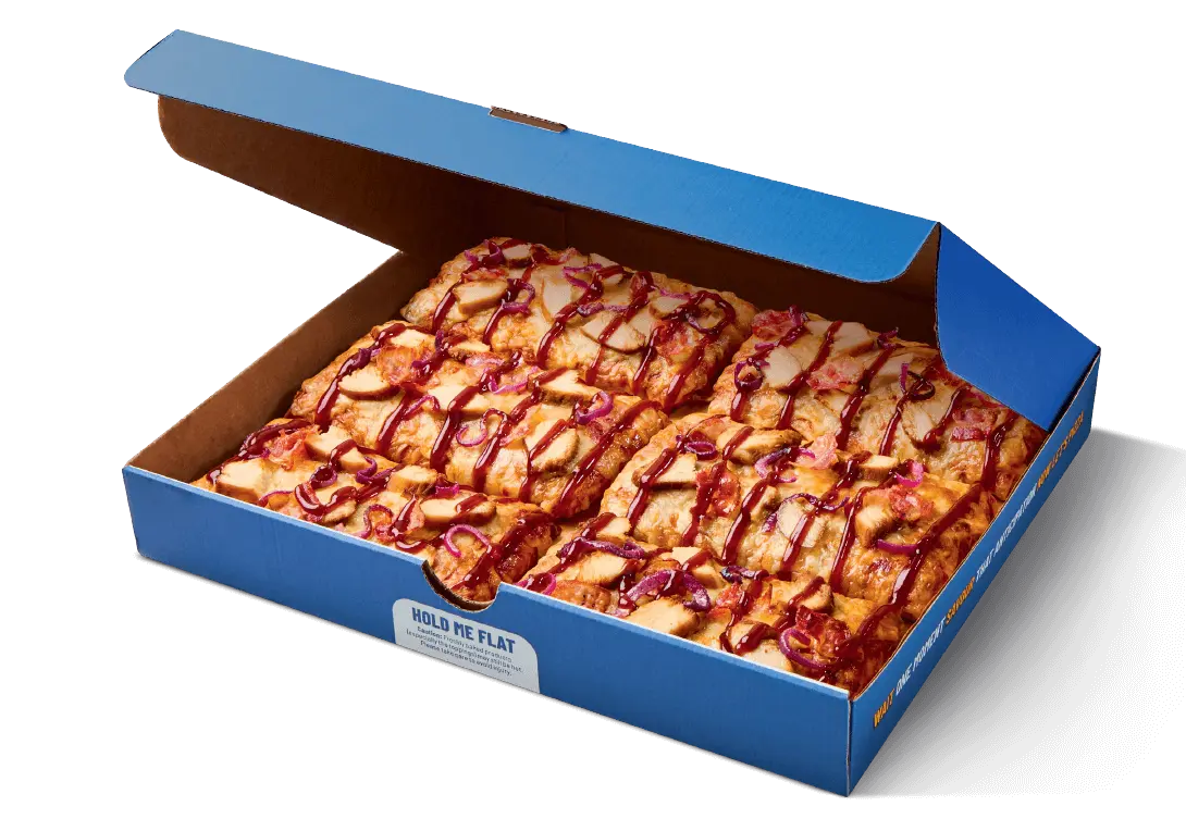 Greggs Menu And Updated Prices In UK 2025 123 A Greggs 6-slice BBQ chicken and bacon pizza in its box, topped with melted cheese, smoky BBQ sauce, chicken chunks, and crispy bacon on a golden crust.