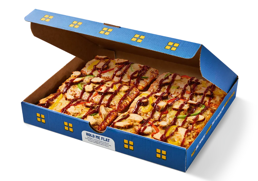 Greggs Menu And Updated Prices In UK 2025 125 A Greggs 6-slice Firecracker Chicken pizza in its box, topped with melted cheese, spicy chicken pieces, and a golden, crispy crust.