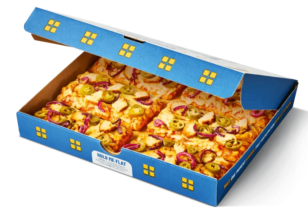 Greggs Menu And Updated Prices In UK 2025 121 A Greggs 6-slice spicy chicken pizza in its box, topped with melted cheese, seasoned chicken pieces, and a golden-brown crust.