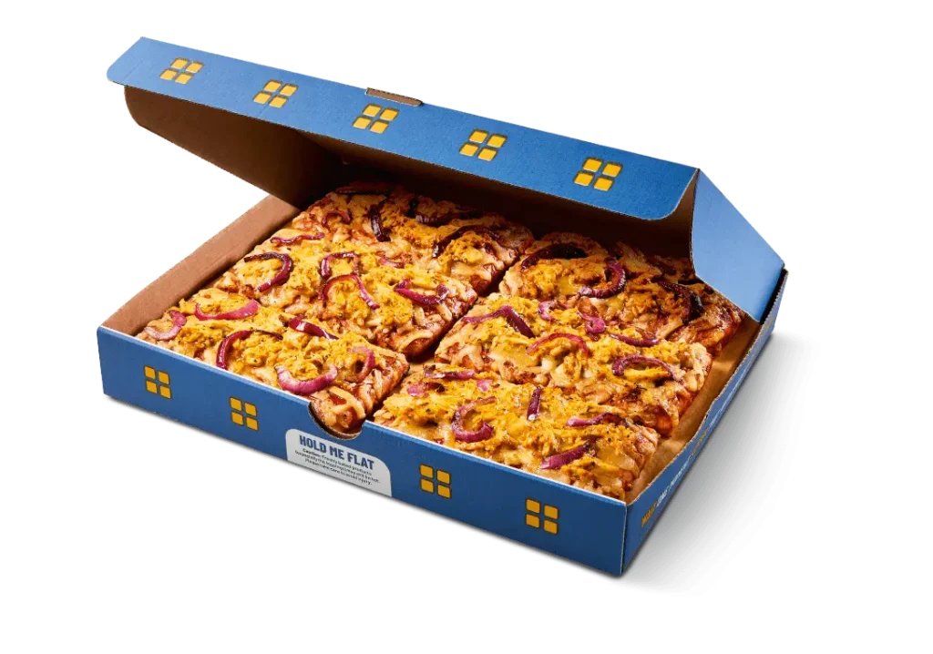 Greggs Menu And Updated Prices In UK 2025 122 A Greggs 6-slice tandoori chicken pizza with melted cheese, tandoori-seasoned chicken pieces, and a golden-brown crust, served in its box.