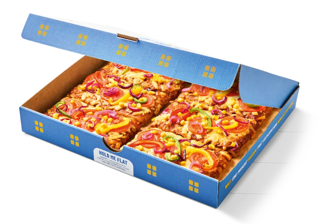 Greggs Menu And Updated Prices In UK 2025 124 A Greggs 6-slice Veggie Feast pizza in its box, loaded with melted cheese, colorful vegetables, and a golden-brown crust.