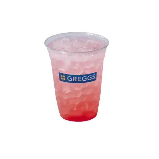 Greggs Menu And Updated Prices In UK 2025 60 A vibrant pink strawberry lemonade filled with ice, garnished with fresh strawberry slices and a lemon wheel, looking bright and refreshing.