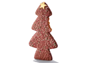 Greggs Christmas Tree Biscuit (New Recipe) – crunchy ginger biscuit coated in milk chocolate, decorated with colorful sugar sprinkles in the shape of a Christmas tree.