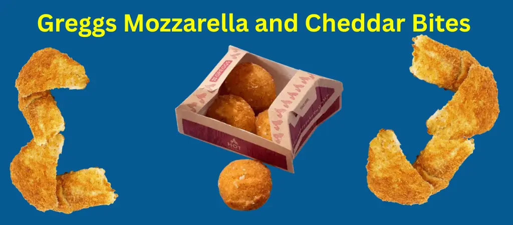 Golden, crispy Greggs Mozzarella and Cheddar Bites with a crunchy breadcrumb coating and a smooth, melty cheese filling made from a blend of mozzarella and cheddar.